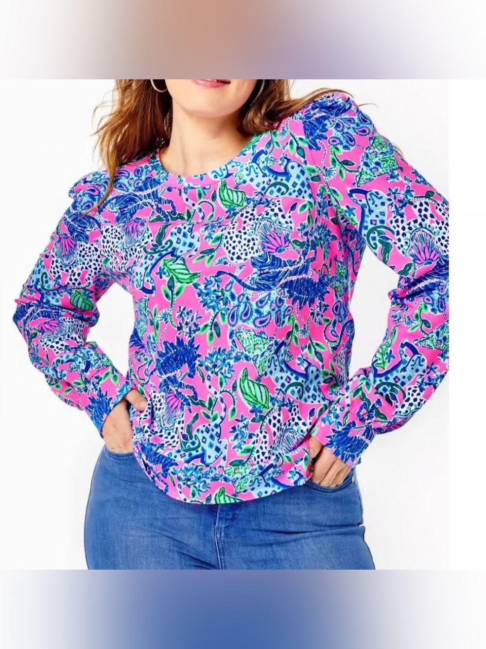 Lilly Pulitzer Jansen Puff Sleeve Untamed Heart Hot Pink Sweatshirt Size XS